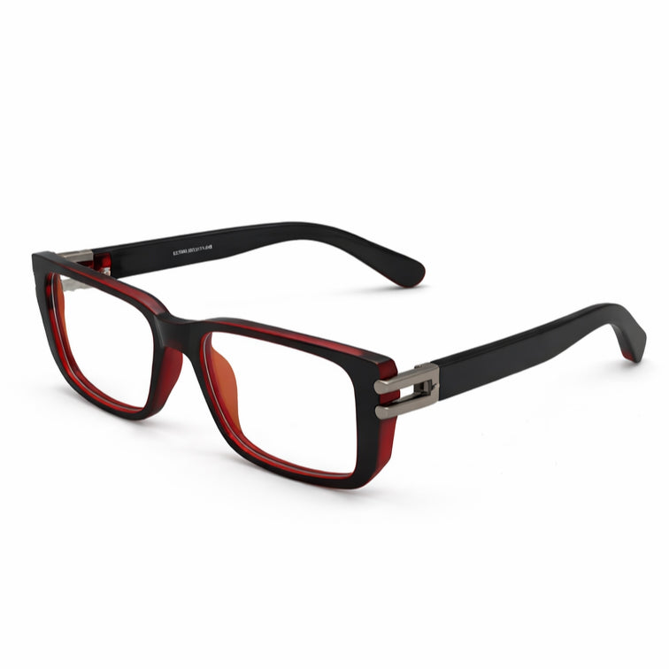Black and Red Rectangular Eyeglasses with Silver Metal Accents