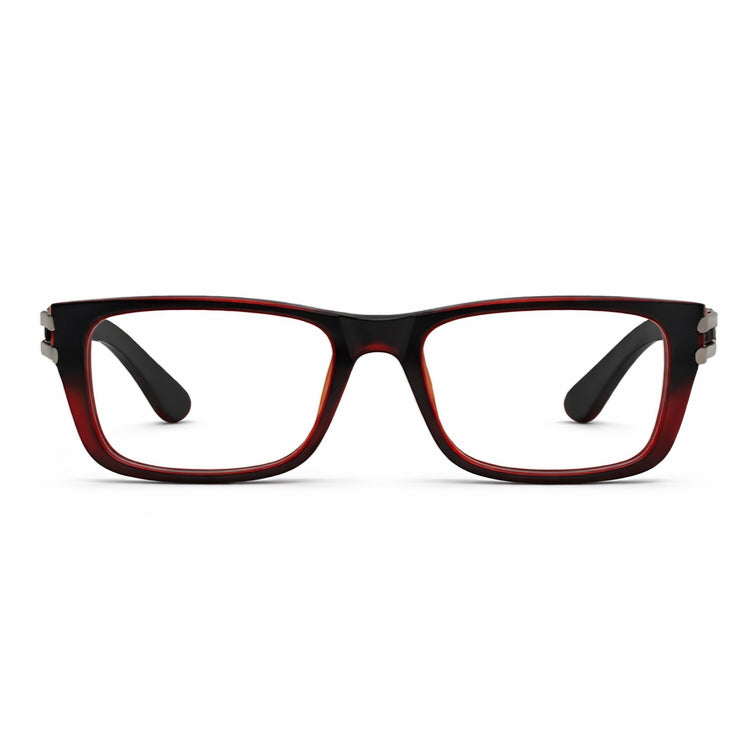 Black and Red Rectangular Eyeglasses with Silver Metal Accents
