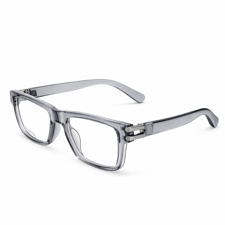 Translucent Gray Square Eyeglasses with Metal Hinge Details