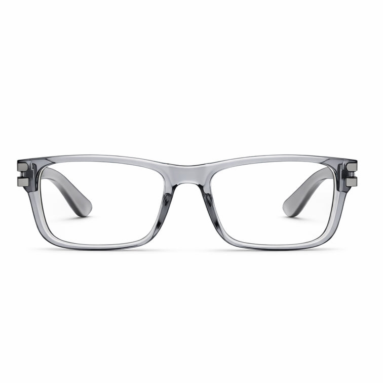 Translucent Gray Square Eyeglasses with Metal Hinge Details