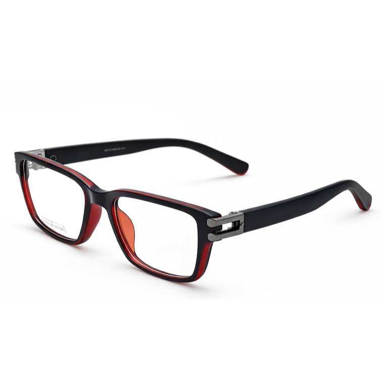 Black and Red Square Eyeglasses with Geometric Metal Hinges