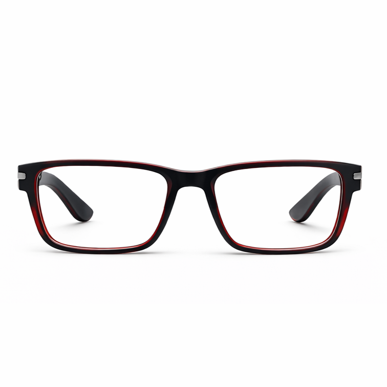 Black and Red Square Eyeglasses with Geometric Metal Hinges