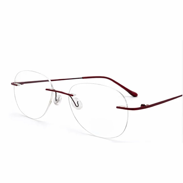 Rimless Oval Eyeglasses with Burgundy Temples
