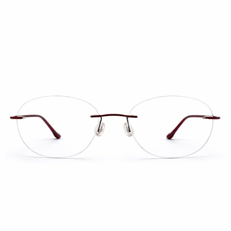 Rimless Oval Eyeglasses with Burgundy Temples