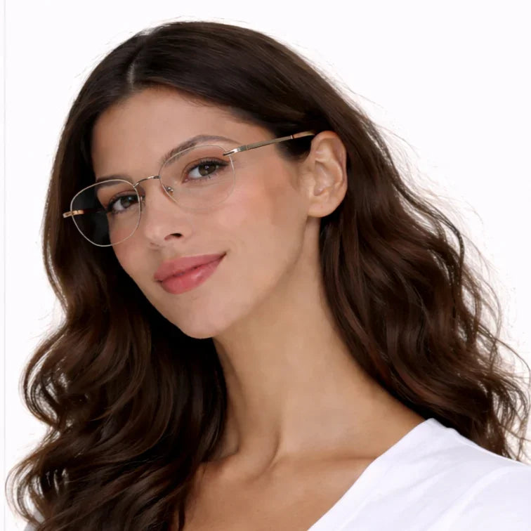 Rimless Aviator Eyeglasses - Gold Tortoise Lightweight Oval Frame-7