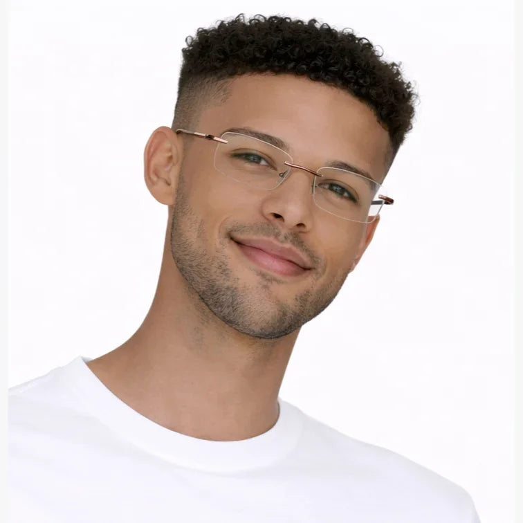 Rimless Rectangular Eyeglasses with Brown Temples-zoom-