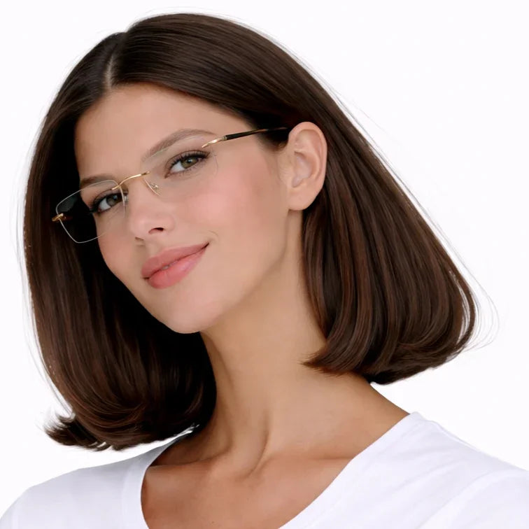 Rimless Rectangle Eyeglasses - Gold Brown Tortoise Lightweight Executive Frame-zoom-