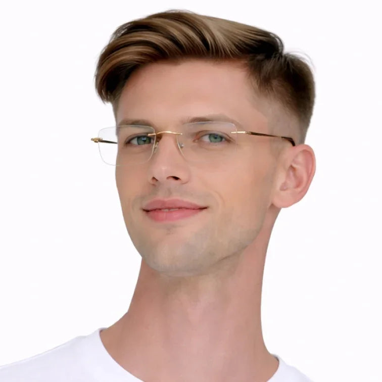 Rimless Rectangle Eyeglasses - Gold Brown Tortoise Lightweight Executive Frame-zoom-6