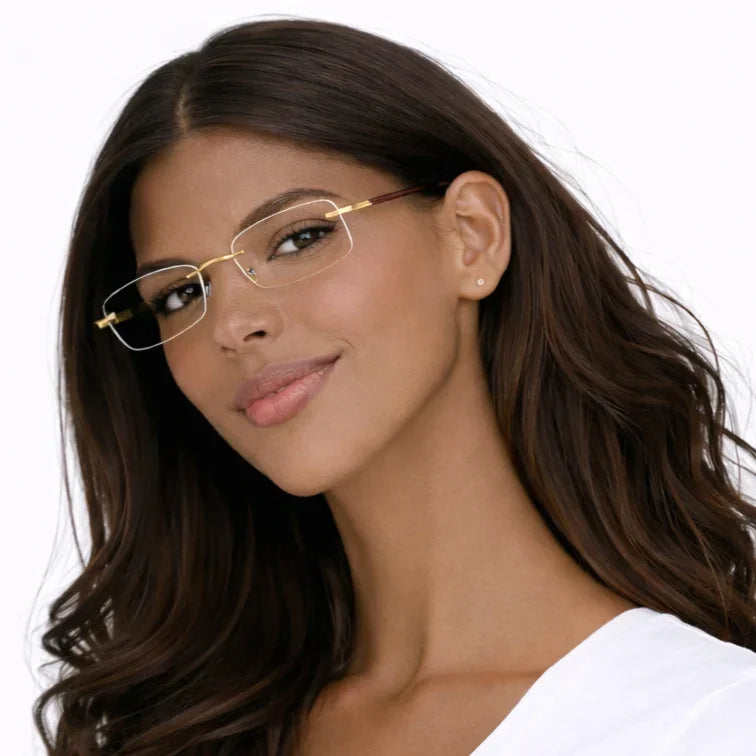Rimless Rectangle Eyeglasses - Gold Brown Tortoise Lightweight Executive Frame-7