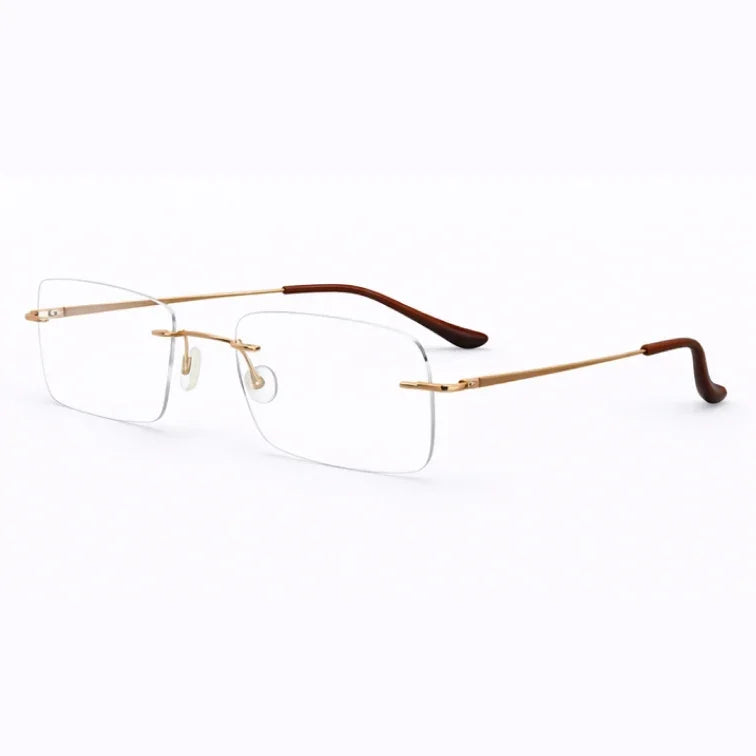 Rimless Rectangle Eyeglasses - Gold Brown Tortoise Lightweight Executive Frame-2