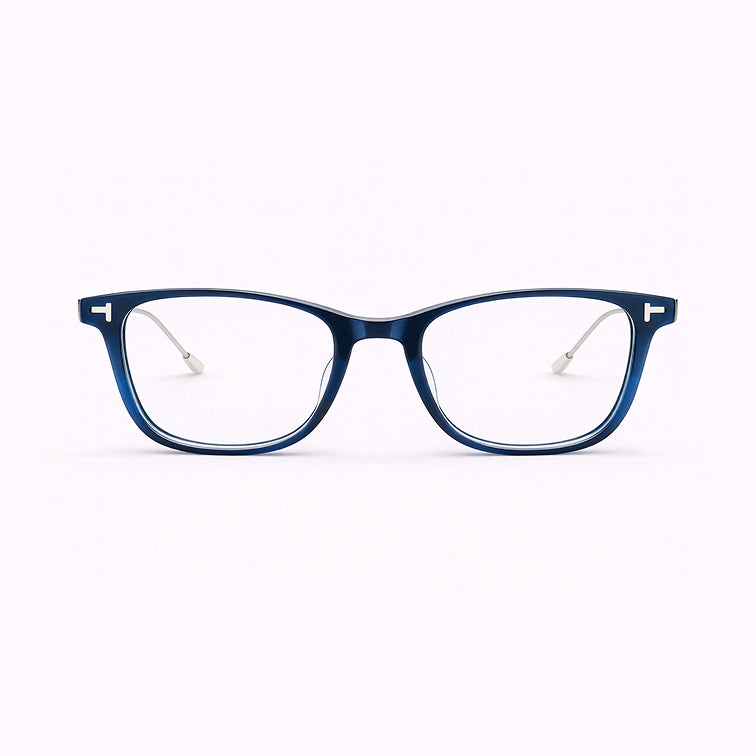 Navy Blue Square Eyeglasses with Silver Metal Temples