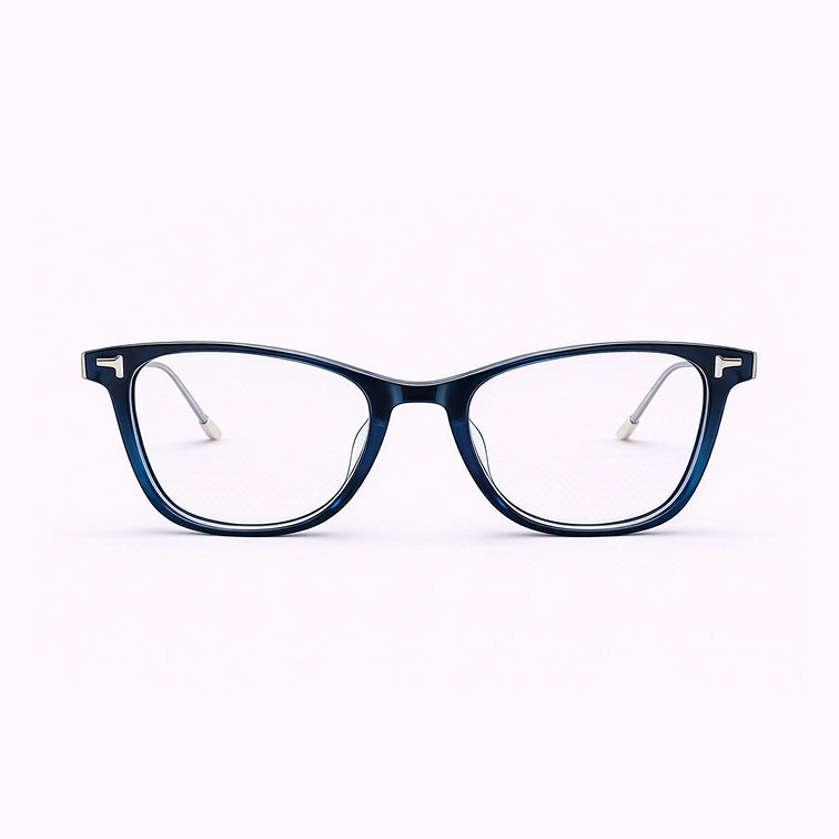 Navy Blue Rectangular Eyeglasses with Silver Metal Temples
