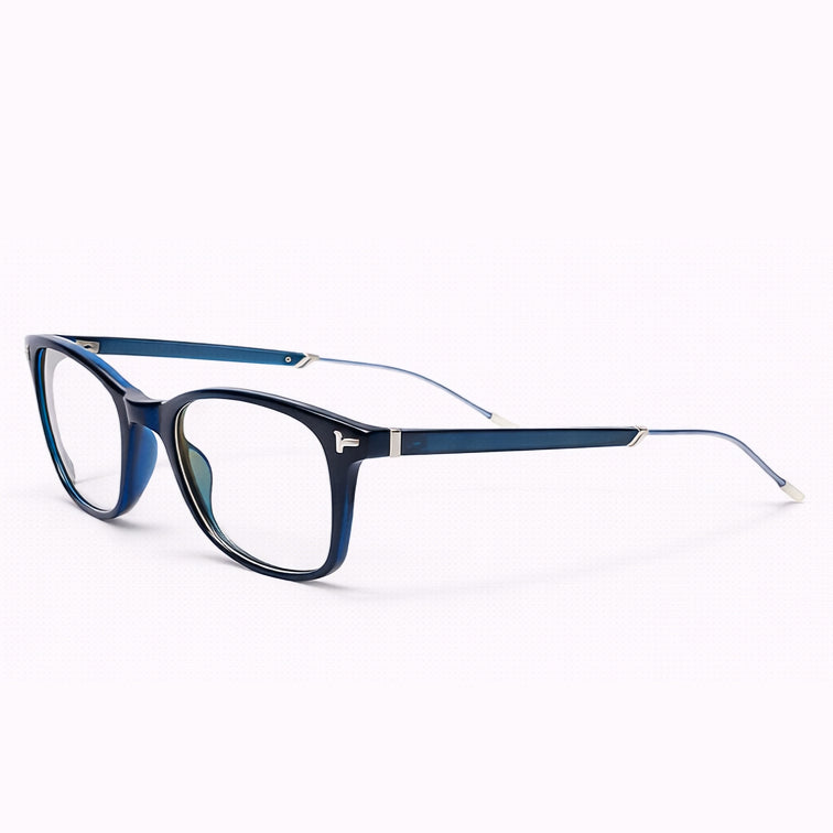 Navy Blue Rectangular Eyeglasses with Silver Metal Temples