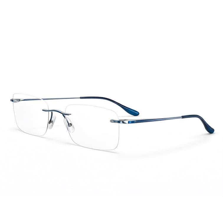 Premium Rimless Eyeglasses - Blue Accent Spring Hinge Modern Frame