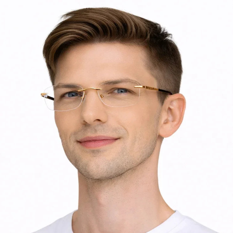 Premium Rimless Eyeglasses - Gold Textured Spring Hinge Luxury Frame-zoom-
