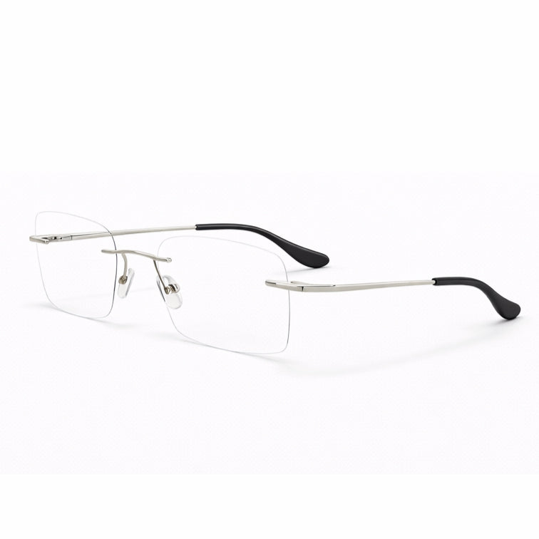 Premium Rimless Eyeglasses - Silver Black Spring Hinge Rectangle Frame