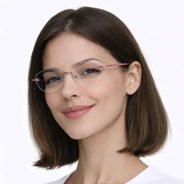 Premium Rimless Eyeglasses - Rose Pink Spring Hinge Round Frame-5