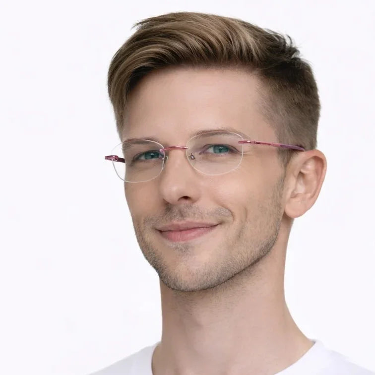 Premium Rimless Eyeglasses - Rose Pink Spring Hinge Round Frame-zoom-