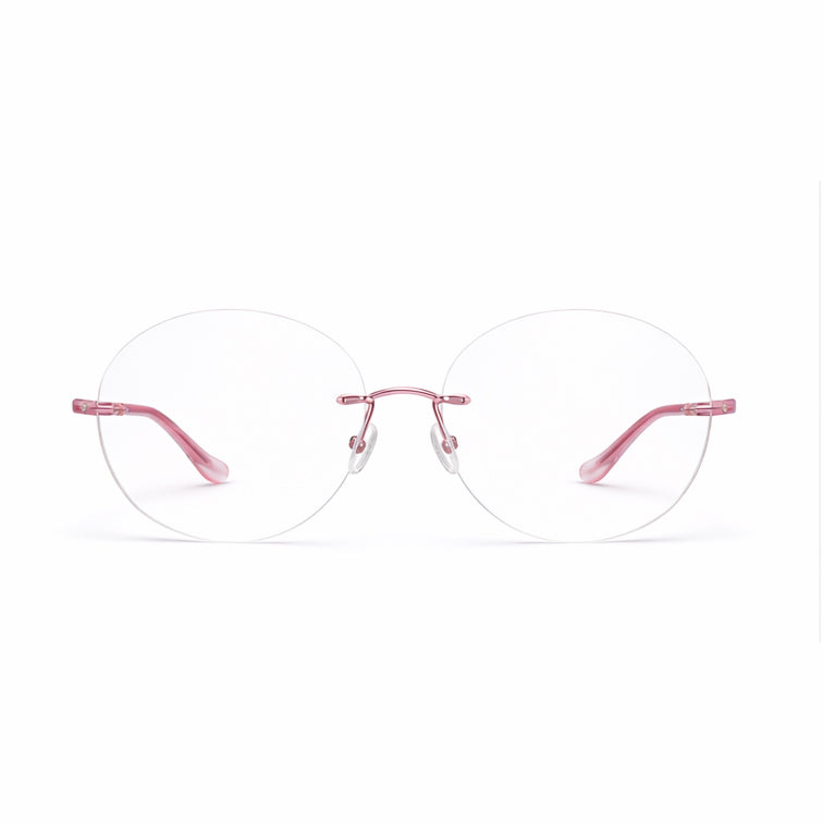 Premium Rimless Eyeglasses - Rose Pink Spring Hinge Round Frame