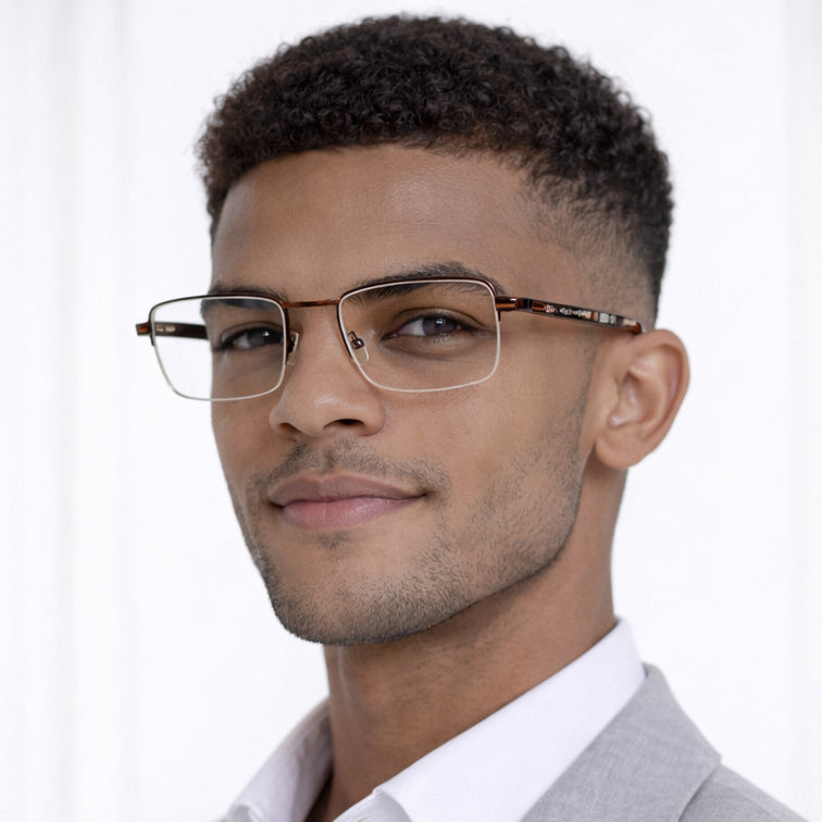 Sovereign Optical Frame - Brown Metal Semi-Rimless Eyeglasses with Tortoise Temples-zoom-6