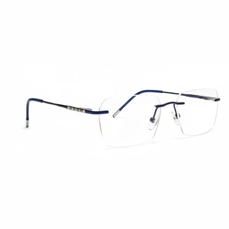 Prestige Optical Frame - Silver & Navy Rimless Eyeglasses with Patterned Temples-zoom-2