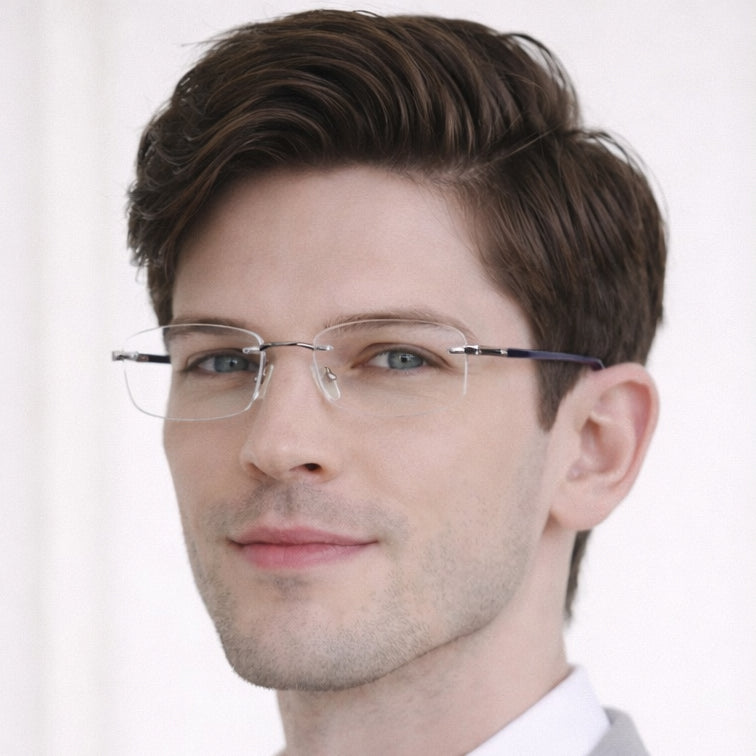 Prestige Optical Frame - Silver & Navy Rimless Eyeglasses with Patterned Temples-zoom-