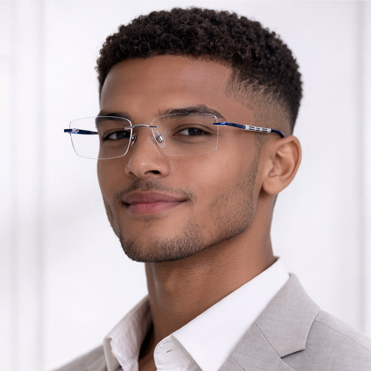 Prestige Optical Frame - Silver & Navy Rimless Eyeglasses with Patterned Temples-zoom-