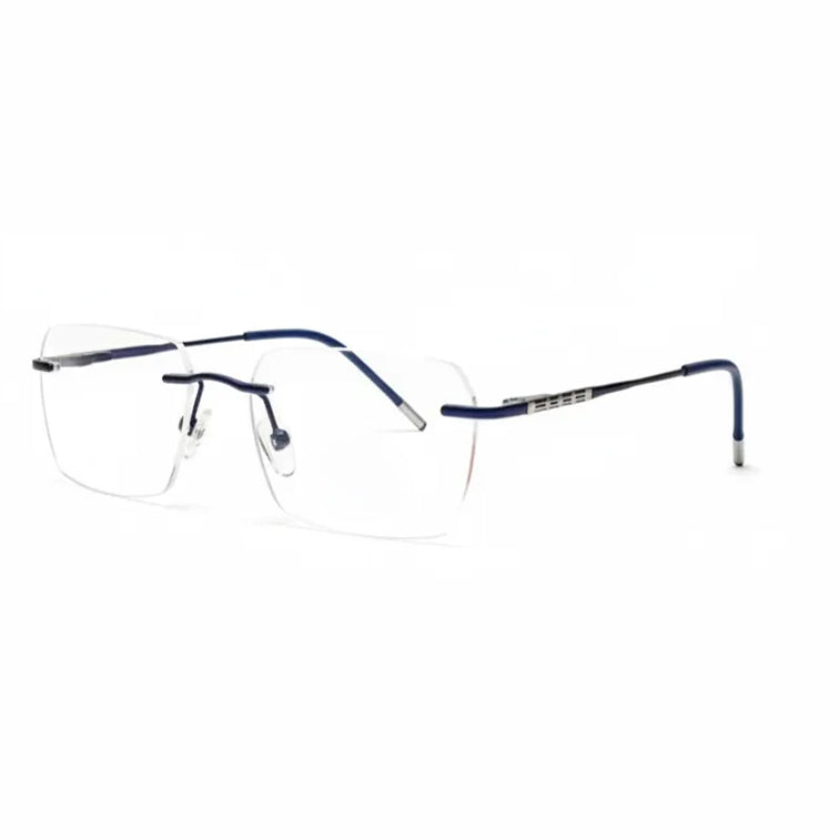 Prestige Optical Frame - Silver & Navy Rimless Eyeglasses with Patterned Temples-3