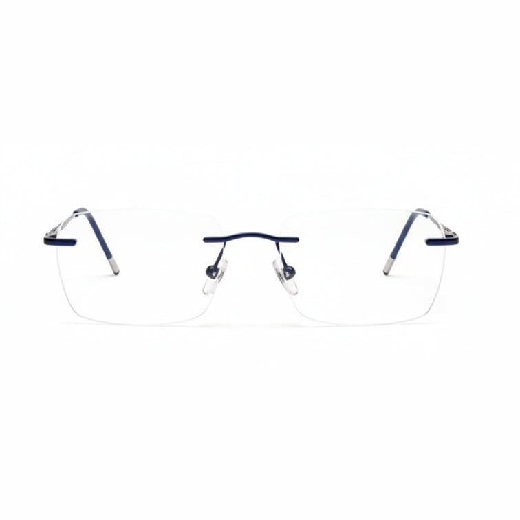 Prestige Optical Frame - Silver & Navy Rimless Eyeglasses with Patterned Temples-zoom-