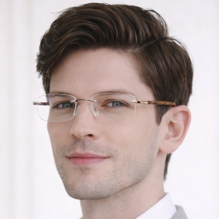 Monarch Optical Frame - Brown Metal Rimless Eyeglasses with Tortoise Temples-8