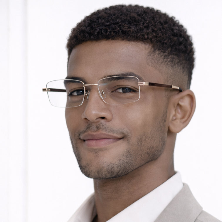 Monarch Optical Frame - Brown Metal Rimless Eyeglasses with Tortoise Temples-zoom-6