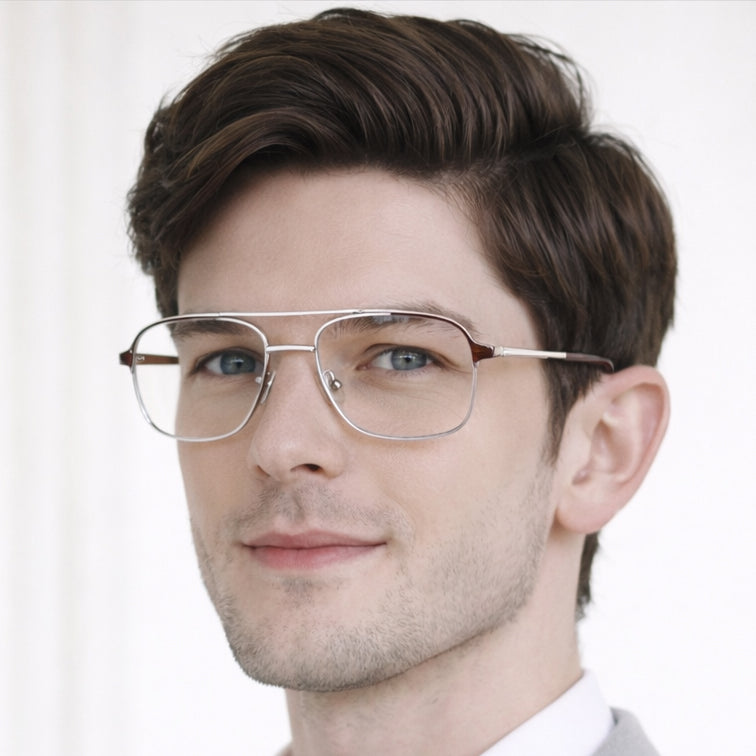 VNOGSL Aviator Optical Frame - Gold & Brown Square Aviator Eyeglasses with Double Bridge-zoom-