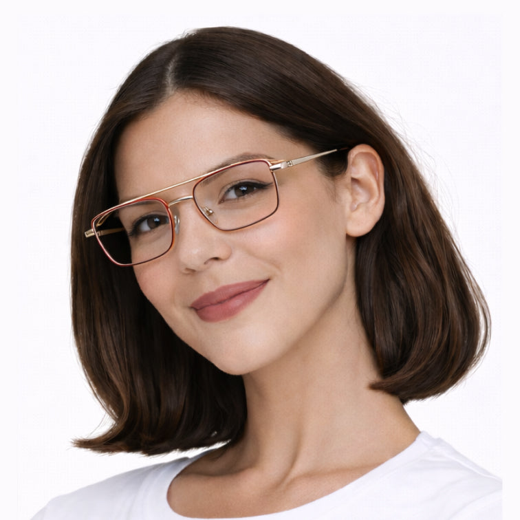 Bronze Optical Frame - Gold & Brown Metal Square Aviator Eyeglasses with Double Bridge-5