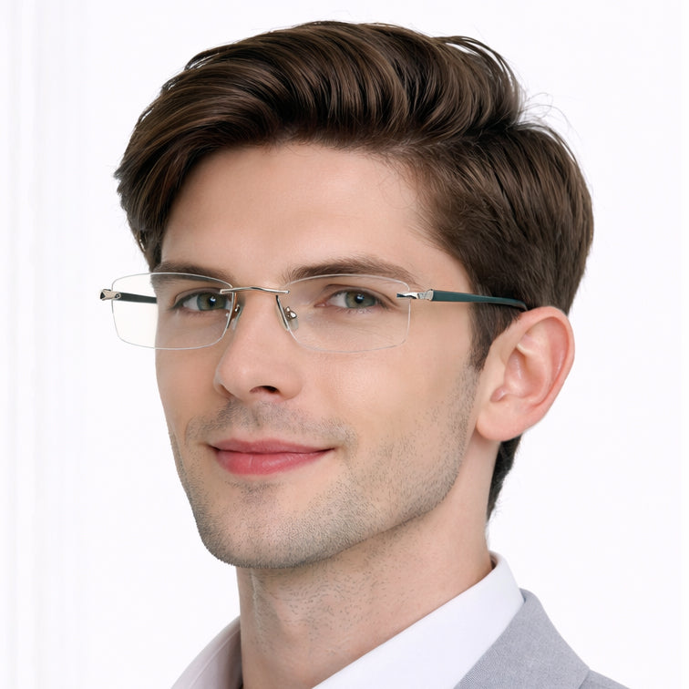 Deep Forest Green Temple Rimless Eyeglasses - Premium Lightweight Frame-zoom-6