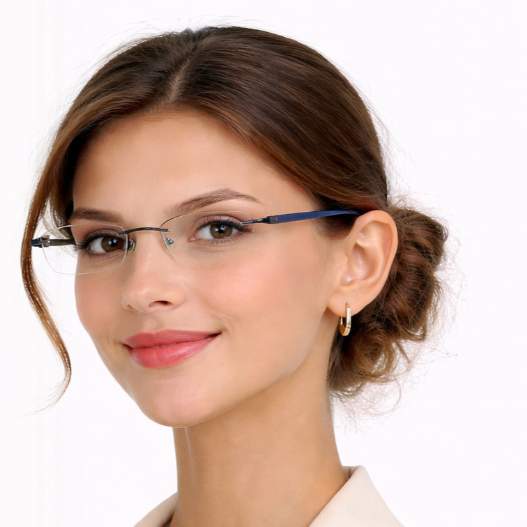 Classic Navy Blue Temple Rimless Eyeglasses - Professional Lightweight Frame-5