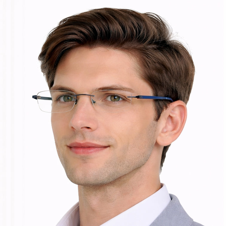 Classic Navy Blue Temple Rimless Eyeglasses - Professional Lightweight Frame-6