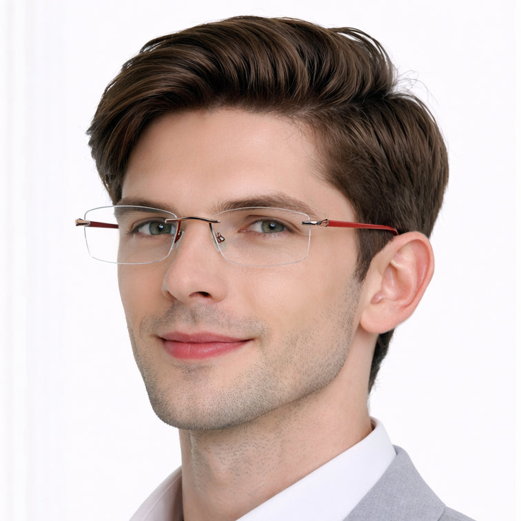 Bold Crimson Red Temple Rimless Eyeglasses - Confident Lightweight Frame-zoom-
