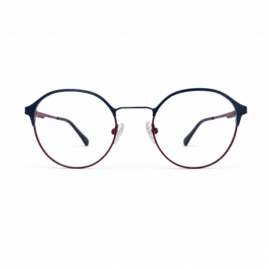 Dual-Tone Navy Blue & Burgundy Round Metal Eyeglasses for Men & Women