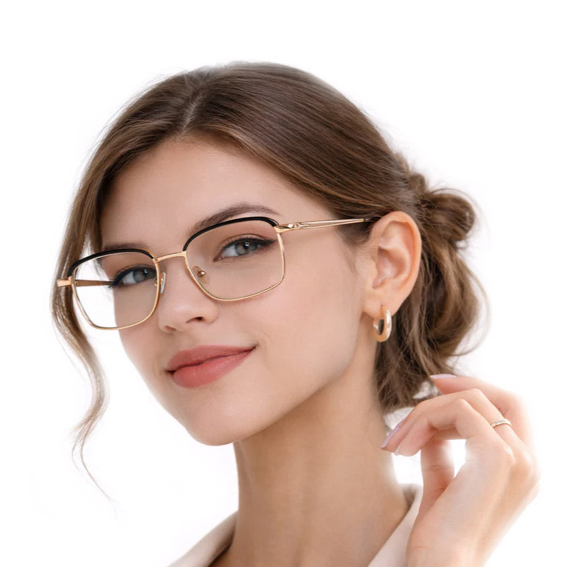 Sophisticated Gold & Black Metal Frame Eyeglasses - Modern Rectangular Design-zoom-