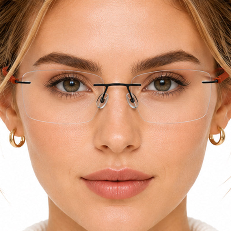 Warm Terracotta Temple Rimless Eyeglasses - Sophisticated Lightweight Frame-zoom-